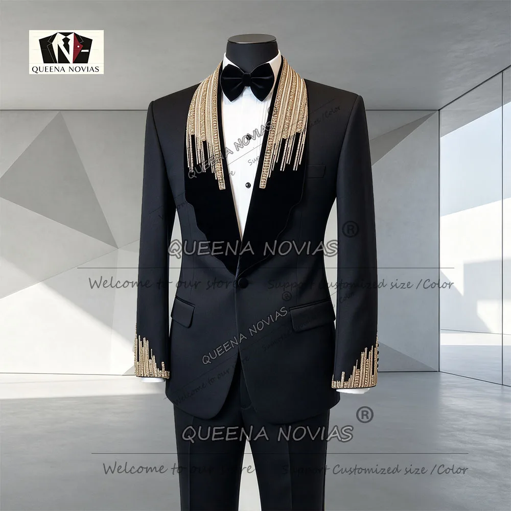 Man Tuxedo Suit For Wedding Asymmetric Velvet Lapel Prom Blazer Customized Gold Beaded Stones Groom Attire 2 Piece Sets Outfit
