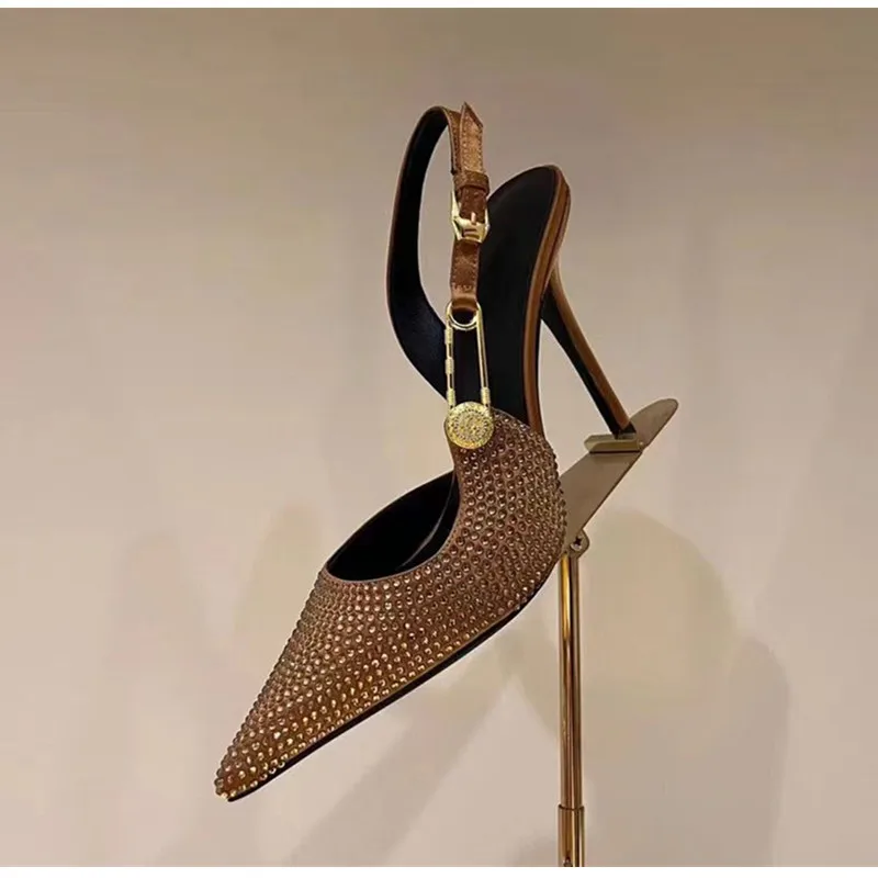 Luxury Rhinestones Sequined Buckle Women Pumps Elegant Pointed Toe Slingbacks Stiletto High Heels Spring Summer Fashion Shoes