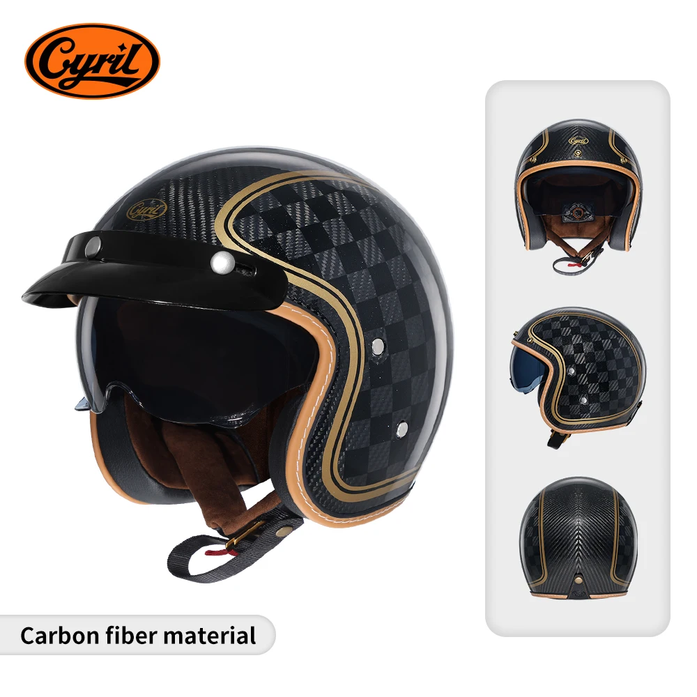 Retro Carbon Fiber Half Motorcycle Helmets Open Face 3/4 Motocross Helmet for Adults DOT Approved CYRIL Capacetes Para Moto