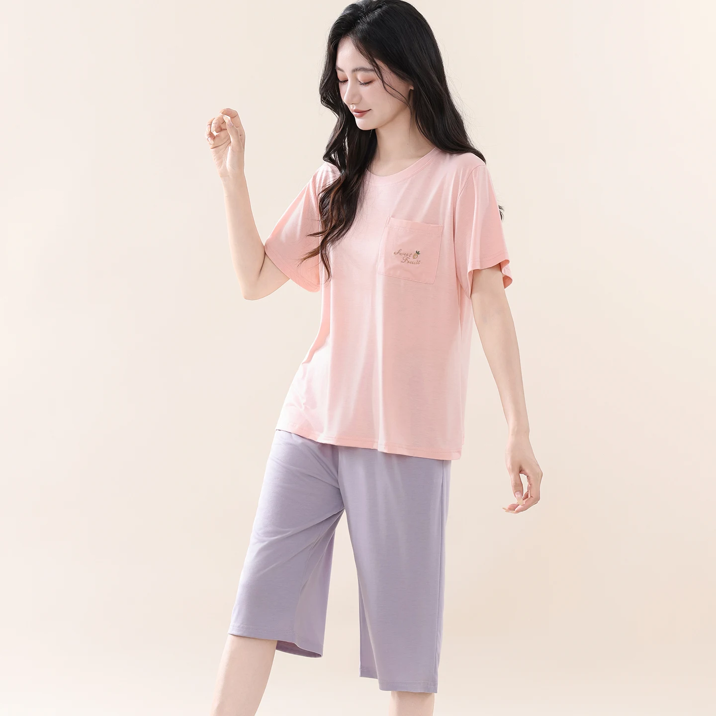 Conjunto de Pijamas de Verano para Mujer, Suaves, de Modal, con Camiseta de Manga Corta y Pantalones hasta la Pantorrilla, 2 Piezas