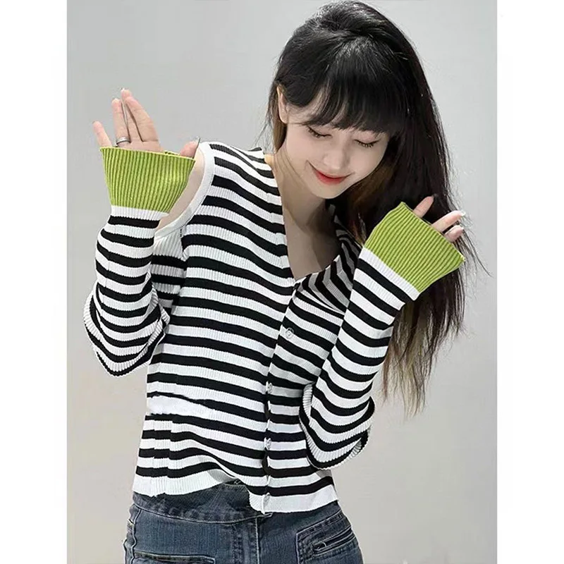 Spring Autumn French Style V-neck Off Shoulder Striped Tops Women Clothing Chic V-neck Clavicle Sweaters Casual Y2k Cardigan