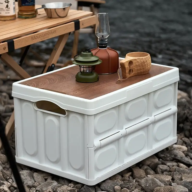 kta Mesa De exterior Caja De almacenamiento para acampar Caja De almacenamiento con cubierta De madera plegable Caja De almacenamiento De polvo Mesa De exterior Caja De Almacenamiento