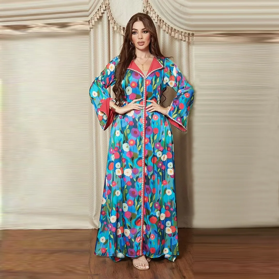 AB335 Arab Dubai Print Dress Muslim Dress Satin Splice Fried Dough Twists Diamond Fashion Jalabia Robe