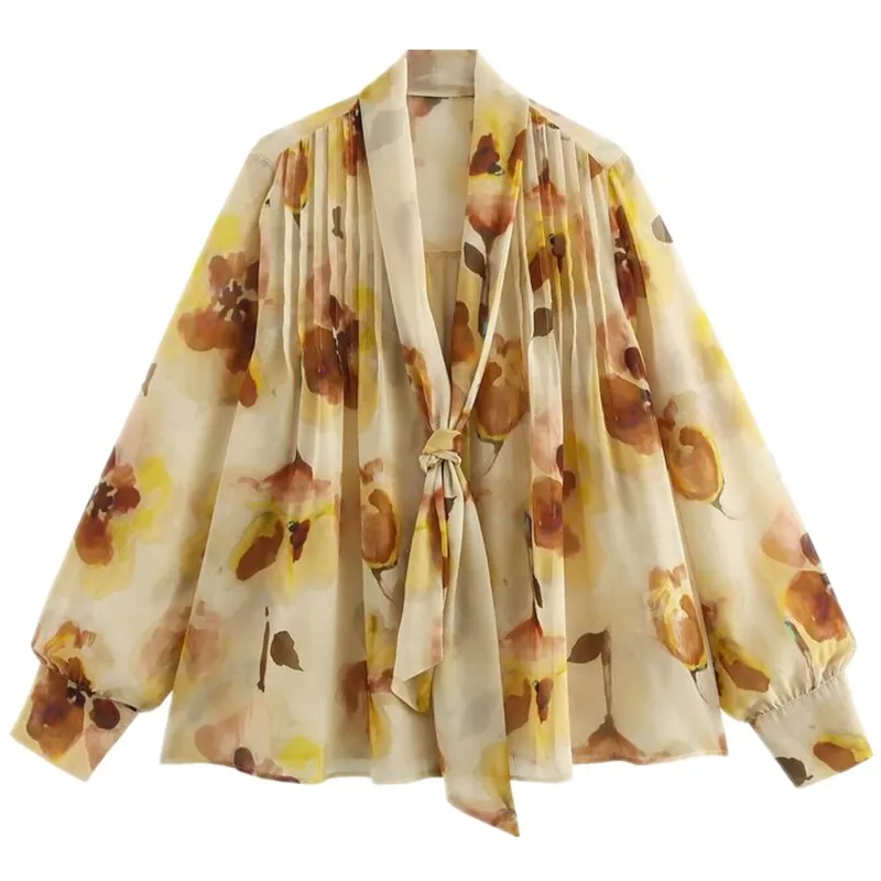 Csa Fena de Manga Longa Semi-Transparente com Estampa Floral Primavera 2025, Gola Dobrável, Nova Chegada, Ajuste Solto...