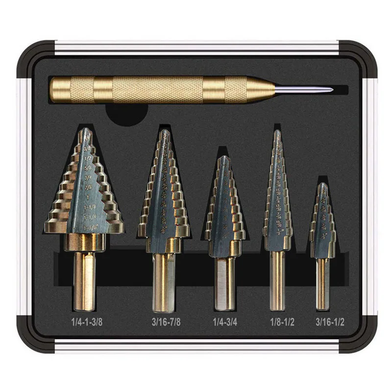 

Step Drill Bit Set 5-Piece Titanium-Coated High Speed Steel with Automatic Center Punch for Drilling Sheet Metal Step Drill Bit