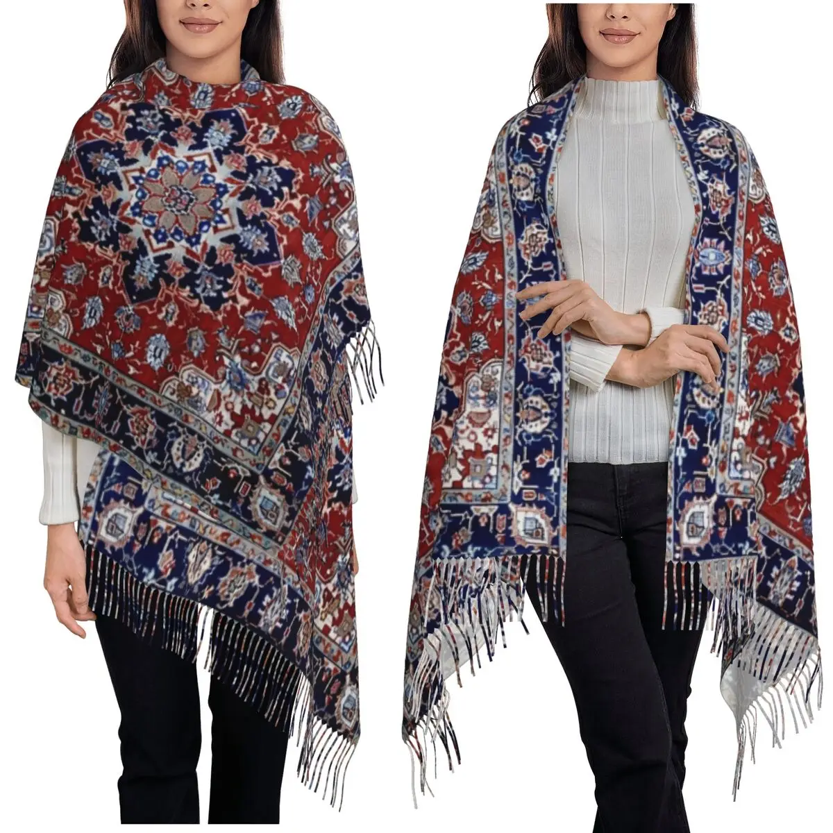 

Роскошный красный, синий антикварный цветочный персидский ковровый шарф, шарфы с кисточками для женщин, теплые шали и накидки, большая осенне-зимняя шаль