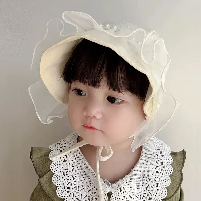 Sweet Princess Baby Beanie Vintage Color Pearl Lace Cap for Toddler Girl Spring Autumn 0-2 T Hat Lovely Newborn Photography Prop