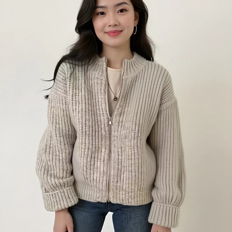 

Autumn and Winter New Women's Crew Neck Knitted Long-sleeved Sweater Elegant Cardigan Zipper Knitwear Solid Color Top