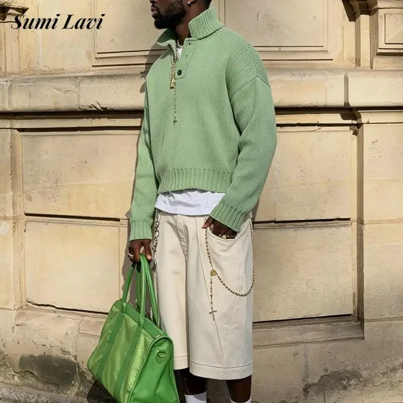 Fashion Knitted Mens Polo Sweater 2026 Fall Winter Solid Color Loose Long Sleeve Pullover Men Casual Buttoned Knit Jumpers