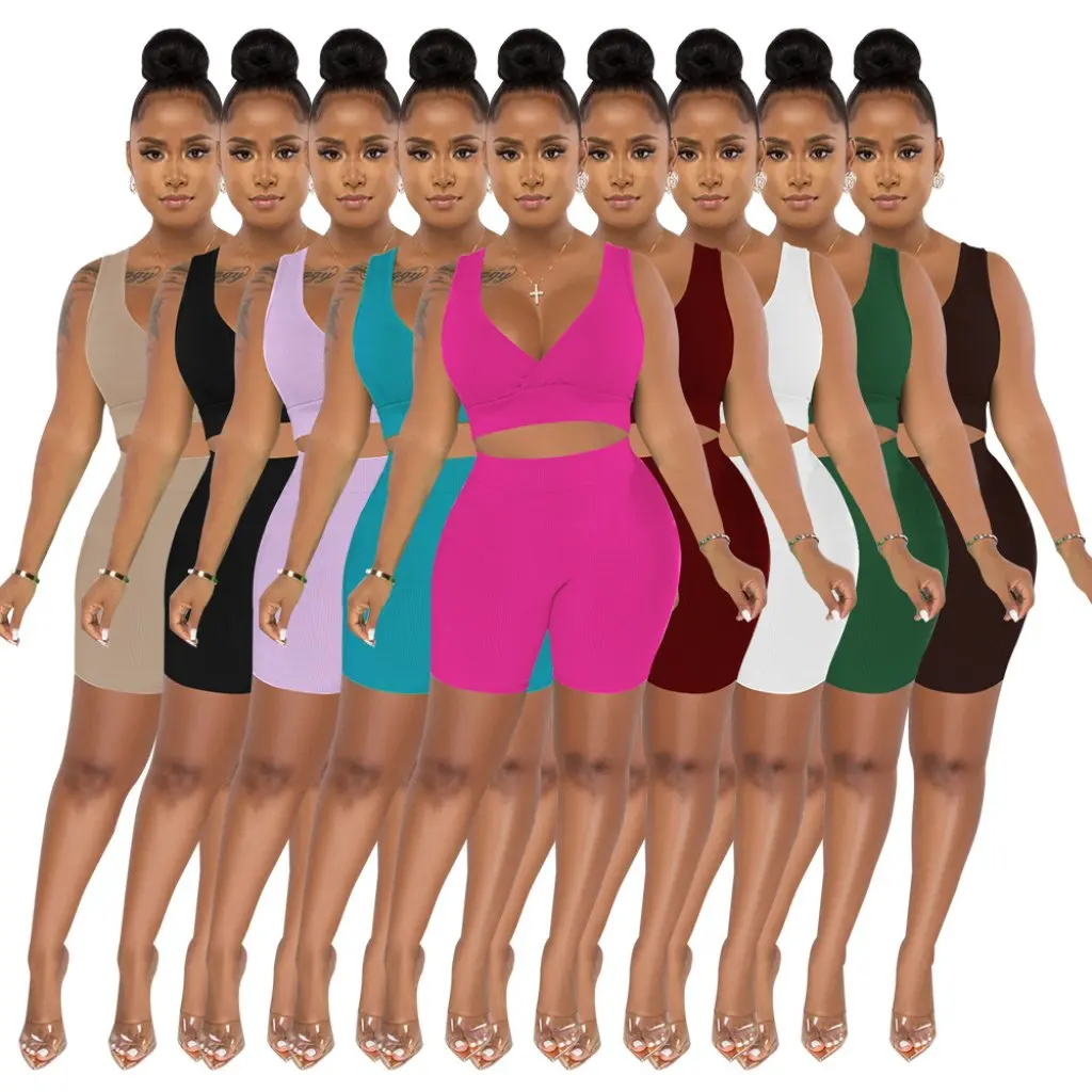 

Женский однотонный спортивный комплект из двух предметов без рукавов с v-образным вырезом в Европе и Америке, новые фабричные прямые волосы