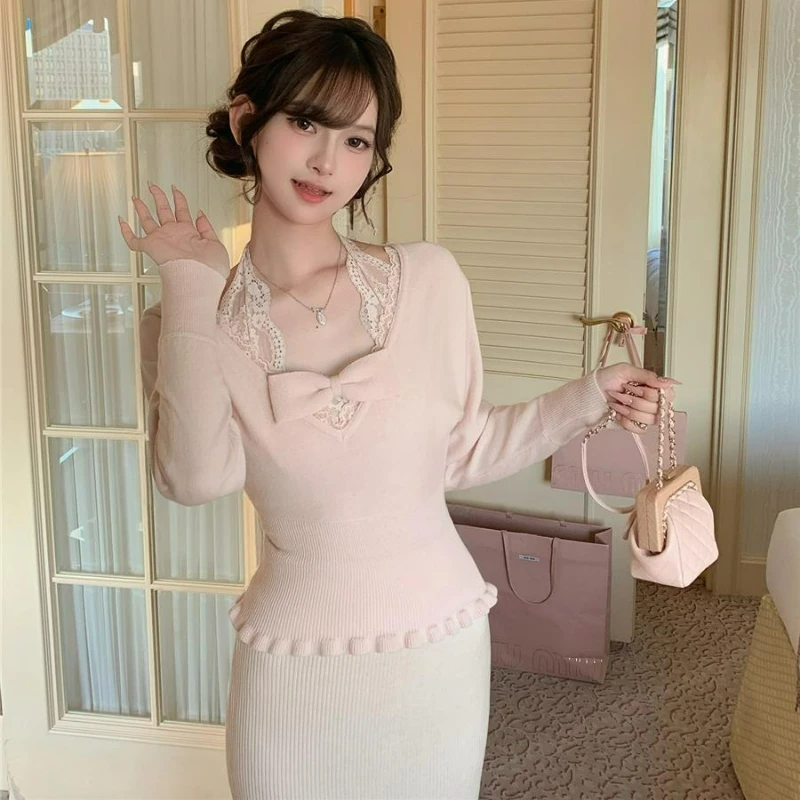 

Корейский милый стильный кружевной свитер с подвесным воротником и бантом, женский свитер 2026, осень/зима, новая модная коллекция, розовый вязаный свитер на талии, топ