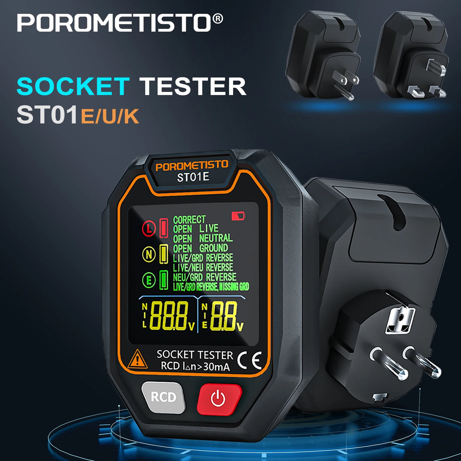 POROMETISTO ST01 Digital Socket Tester Voltage Tester 30mA RCD Socket Detector Polarity Check Detector US/EU/UK Circuit Checker