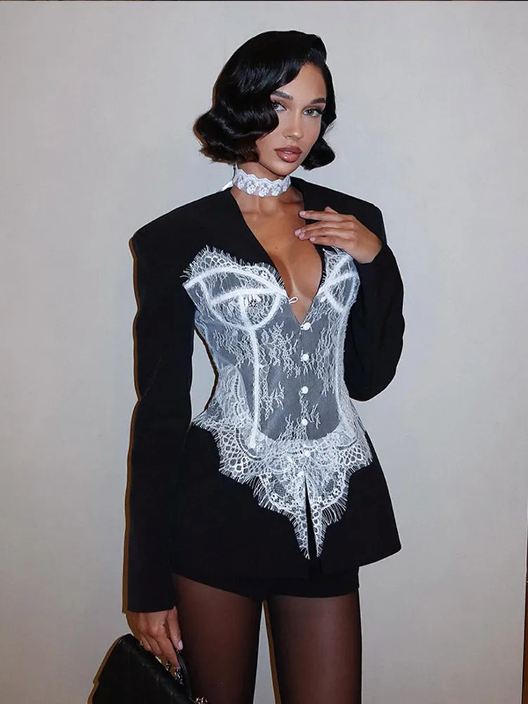 Giacca da abito corta con giunture in pizzo bianco nero Giacca da donna a maniche lunghe con scollo a V monopetto Cappotto da donna High Street Dinner Wear