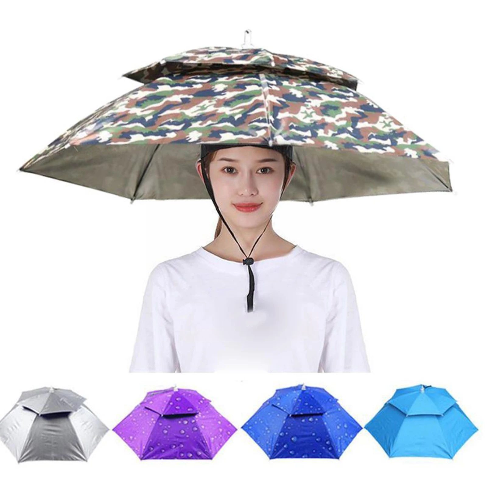 

Versatile Double Layer Umbrella Hat - Ideal for All Ages with Elastic Headband, Suitable for Sunny and Rainy Days