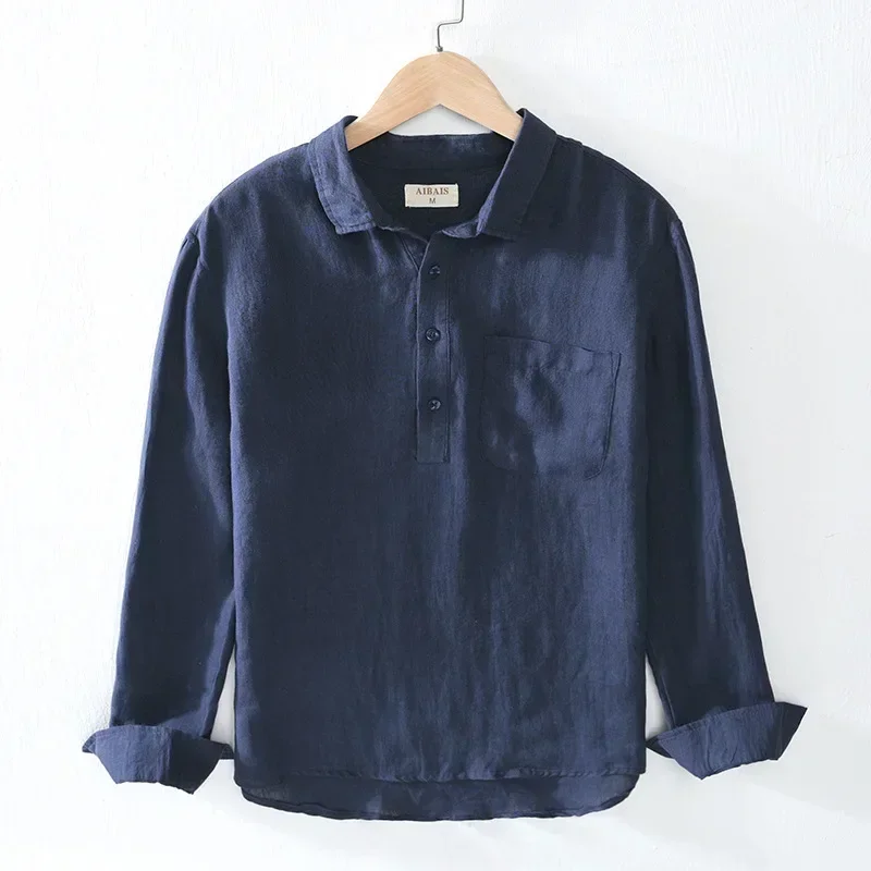 

Summer 100% Linen Shirts for Men Breathable Beachwear Man Tops Japanese Retro Casual Shirts with Pocket Simple Pullover Shirt