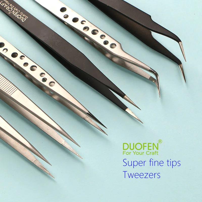 DUOFEN quality fine tip tweezers straight tip curved tip stainless steel black coated for your craft projects