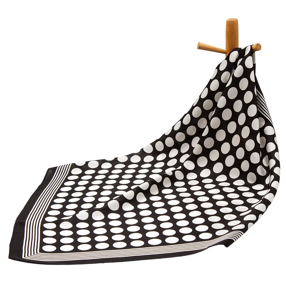 

65cm Pure Silk Scarf Women Polka Dot Black White Striped Border Geometric Print Kerchief Neckerchief Lady Bandana Shawl Gift