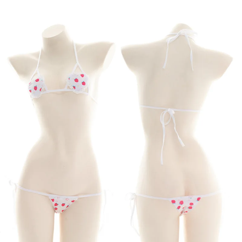 

Women Sexy Lingerie Kawaii White Strawberry Heart Shaped Bikini Print Mini Backless Swimsuit Three Point Swimwear