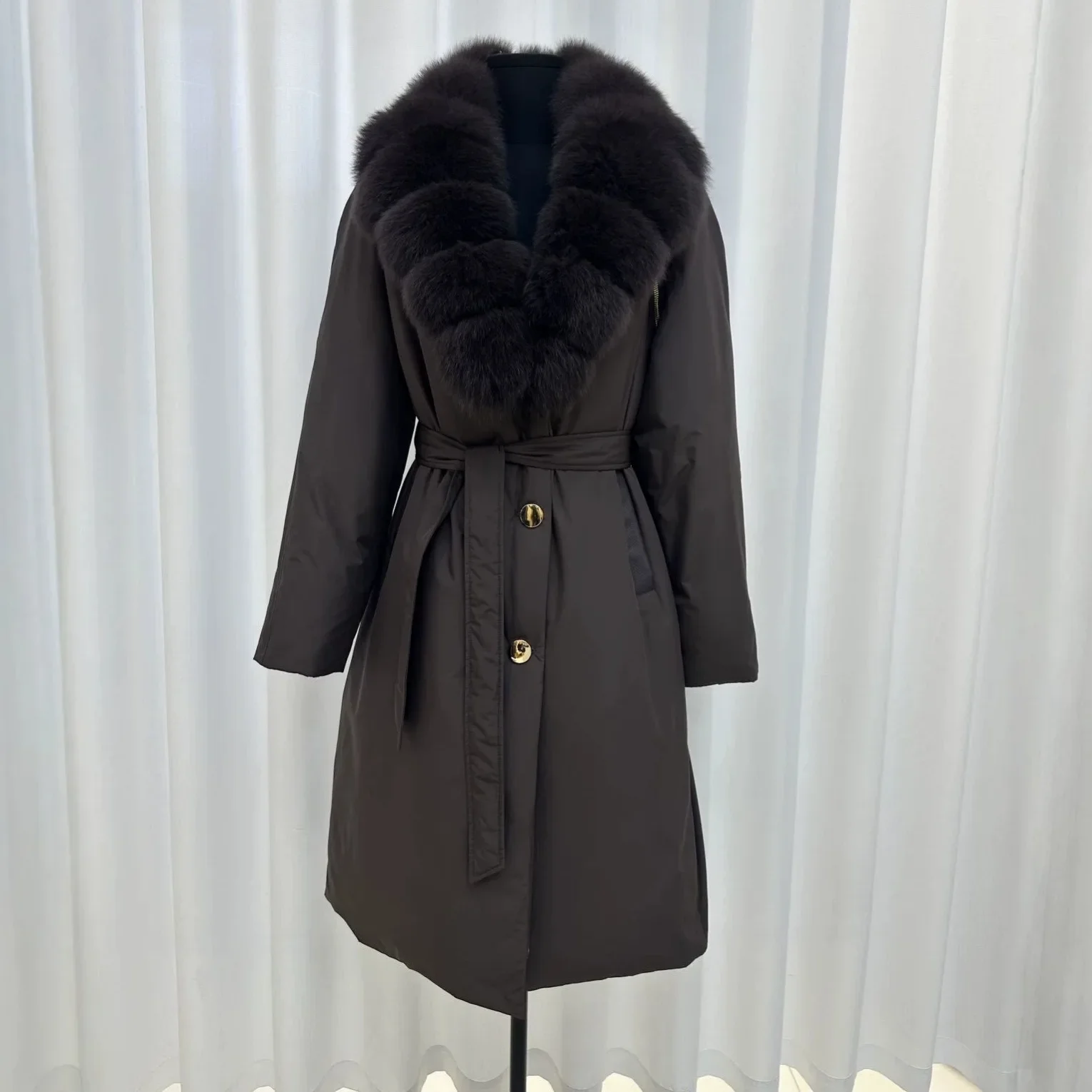 OFTBUY Duck Down Belted Slim Puffer Coat Winter Thick Warm Windproof Outerwear Real Fox Fur Collar Long Duck Down Jacket Women
