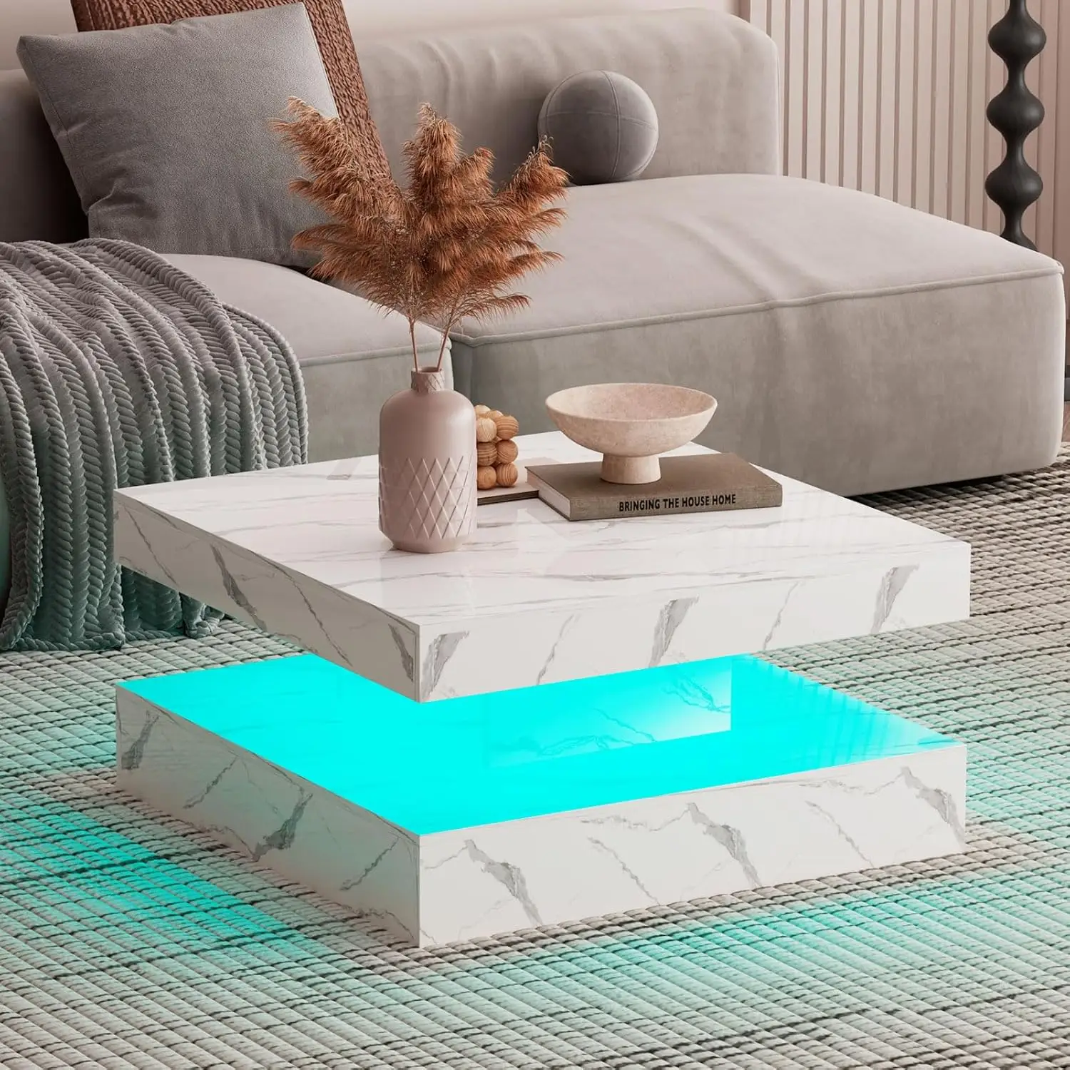 

White Marble Effect LED Coffee Table for Living Room with Storage Square Glossy Center Table Modern Cocktail