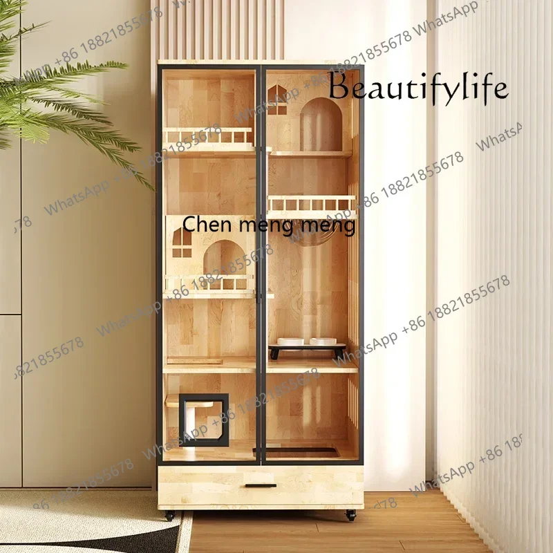 

M182 Solid Wood Cat Cage Cat Villa with Toilet Integrated Litter Box Household Cat House Cabinet Free Space