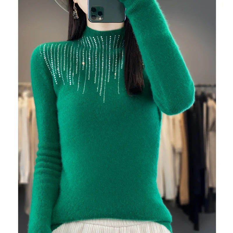 2023 Standing Collar Women's Cashmere Sweater Women's Pullover Autumn and Winter Knitted Cashmere Sweater with Diamond Embedding