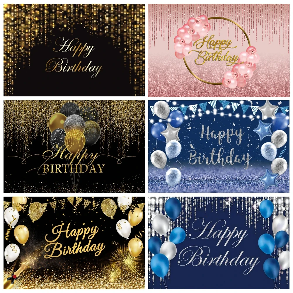 

Adult Happy Birthday Party Backdrop Black Gold Glitter Bokeh Sequin Spots Balloon Customized Photography Background Photo Studio