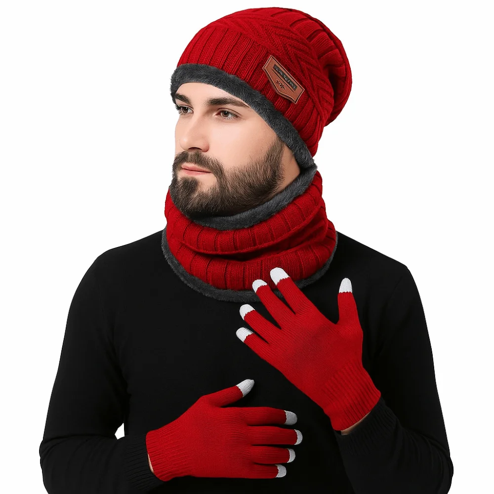 

4pcs/set Soft Winter Beanie Hat Scarf Set Thicken Fleece Lined Thermal Knitted Gloves Cap Thermal Protection Warm Wool Hat