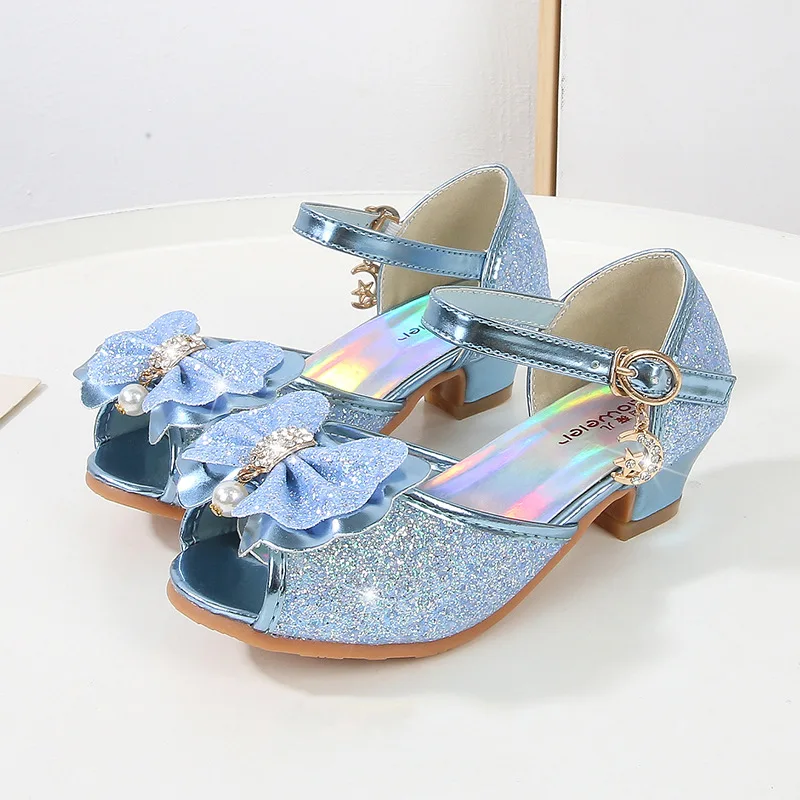 Summer 2024 High Heels Shoes for Girls Pageant Kids Sandals Child Mary Jane Shiny Princess Elsa Cinderella Party Dress Up Shoes