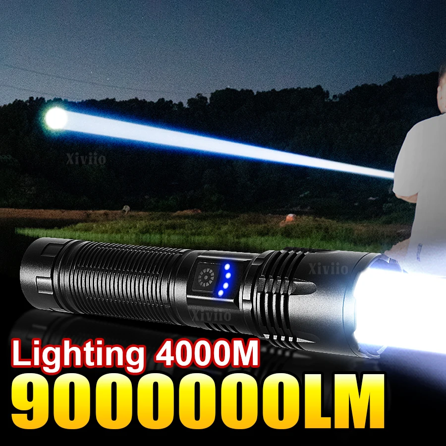 【セール中】9000000LM LED 強力な光懐中電灯ポータブル充電式ランプ内蔵バッテリー長距離戦術ランタン屋外ライト