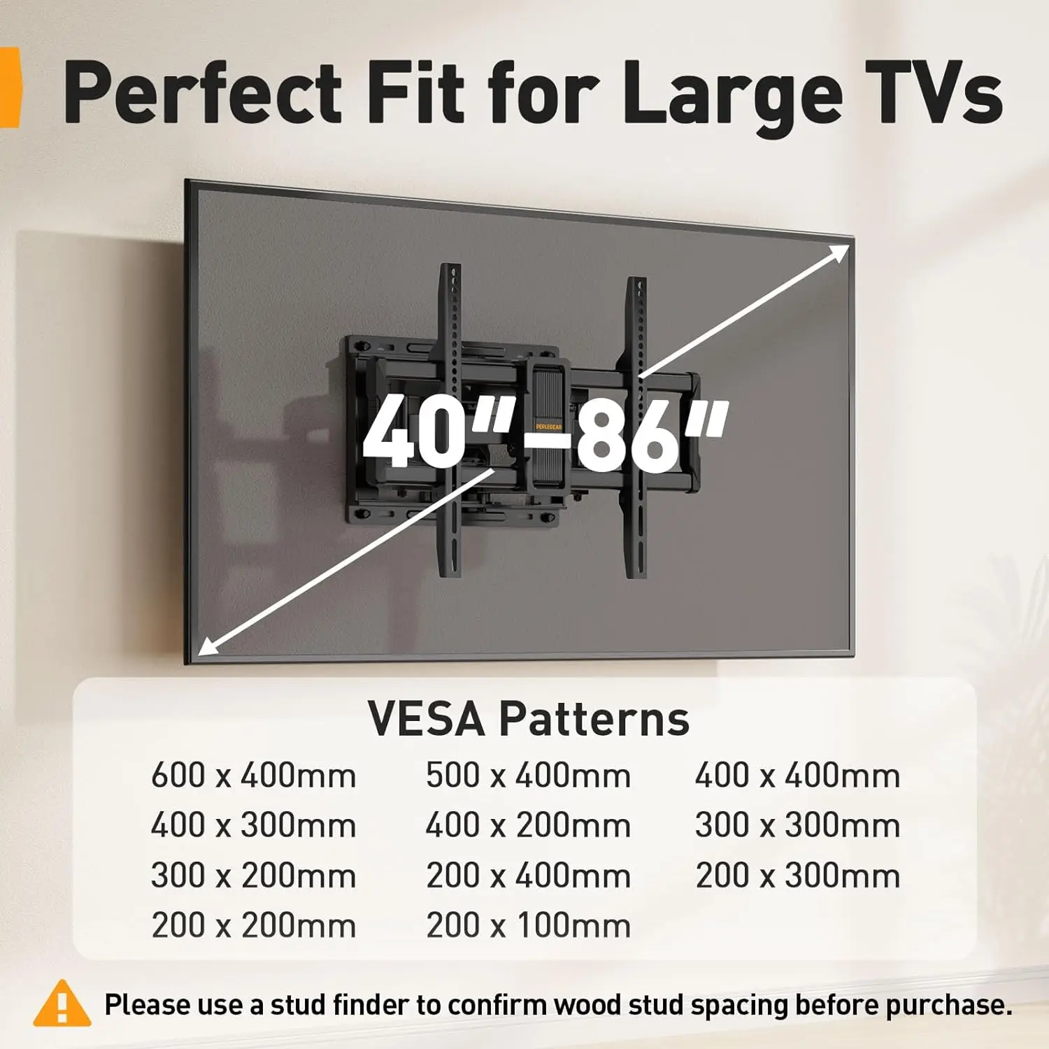 Perlegear 풀 모션 TV 벽 마운트, 40-86 인치 평면 곡선 TV용, 최대 132 lbs, 12 인치, 16 인치 우드 스터드, TV 마운트 브래킷, UL 목록