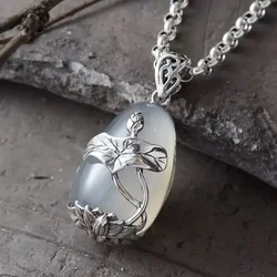 925 Silver Original Designer's Natural Ice Jade Marrow White Necklace for Women Fashion Koi Lotus Flower Pendant Vintage Jewelry