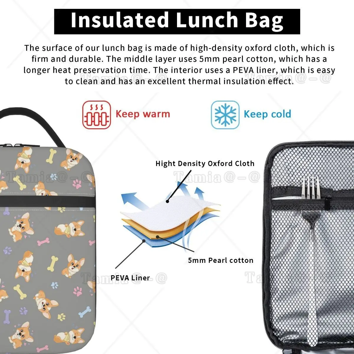 Cute Corgis And Footprint Pattern Insulated Lunch Bag for Women Children Leakproof Food Boxes Thermal Lunch Box Tote