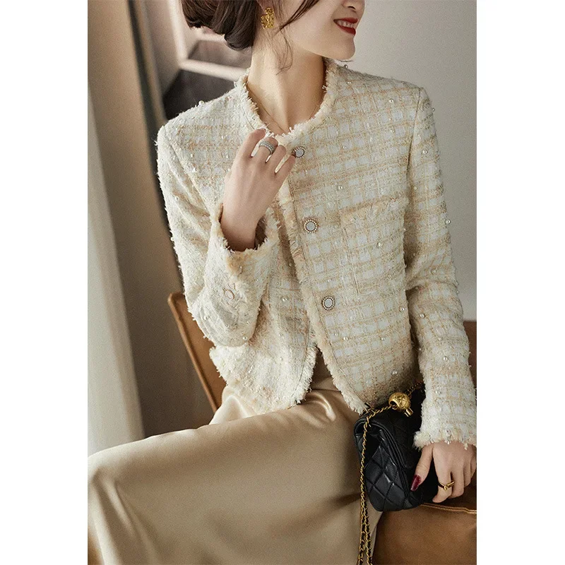 2025 French Style Spring/autumn Women High-end Pearl Wool Tweed Short Jacket Tweed Cropped Top Women's Clothing Office Lady