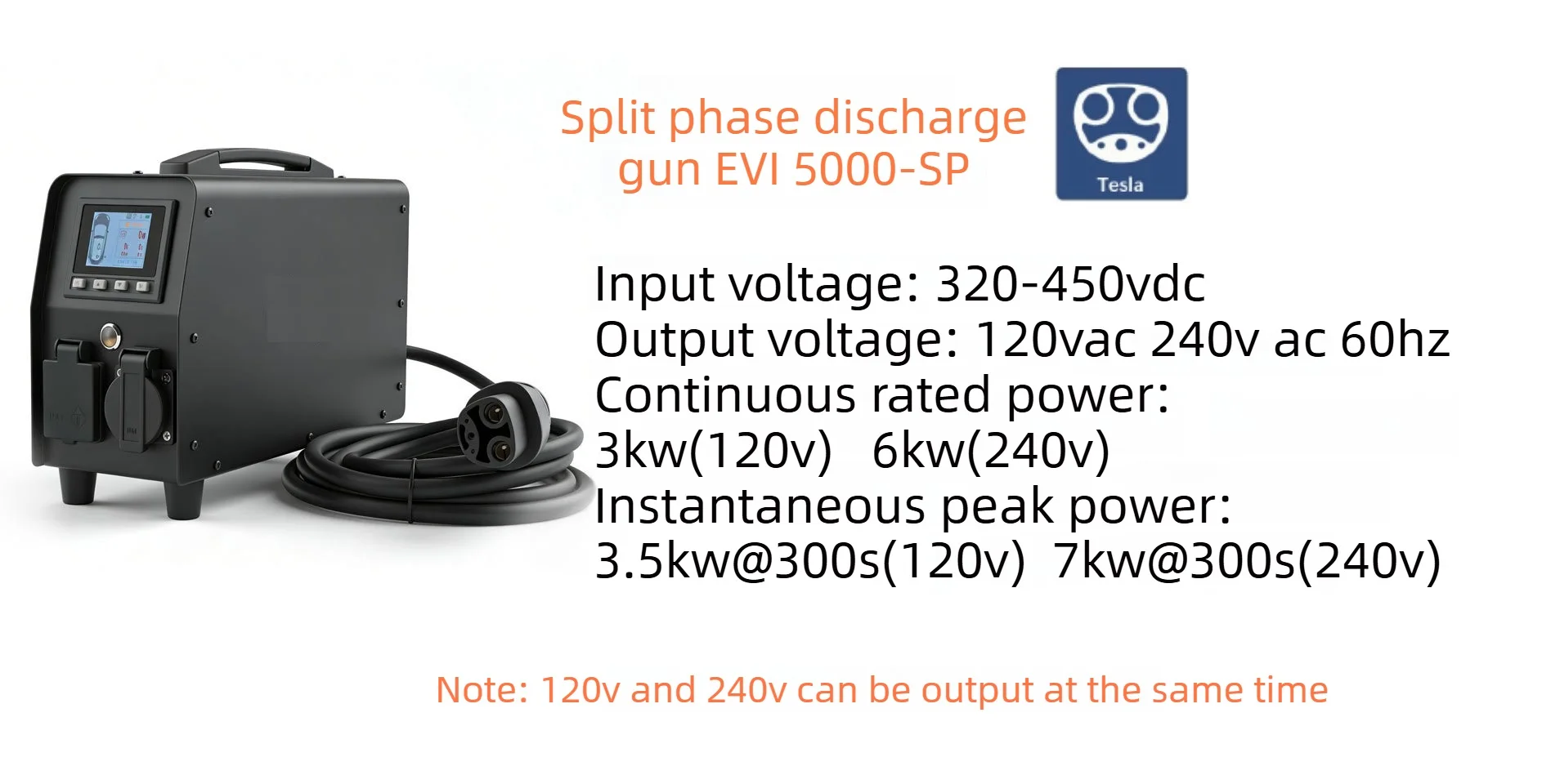 Dispositivo de descarga V2L para vehículos eléctricos Tesla, pistola de descarga de fase dividida EVI 5000-SP, estándar americano.