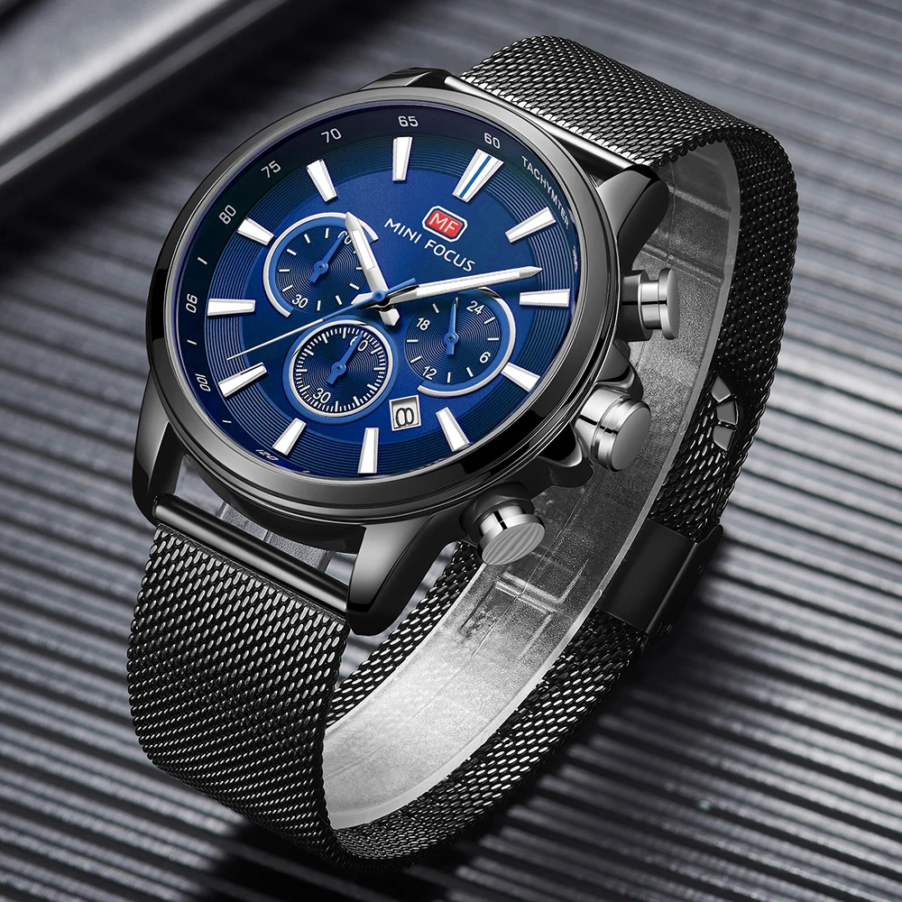 

Кварцевые часы MINI FOCUS с хронографом для мужчин, роскошные часы высшего класса, военные спортивные водонепроницаемые наручные часы, мужские часы с сетчатым ремешком, часы
