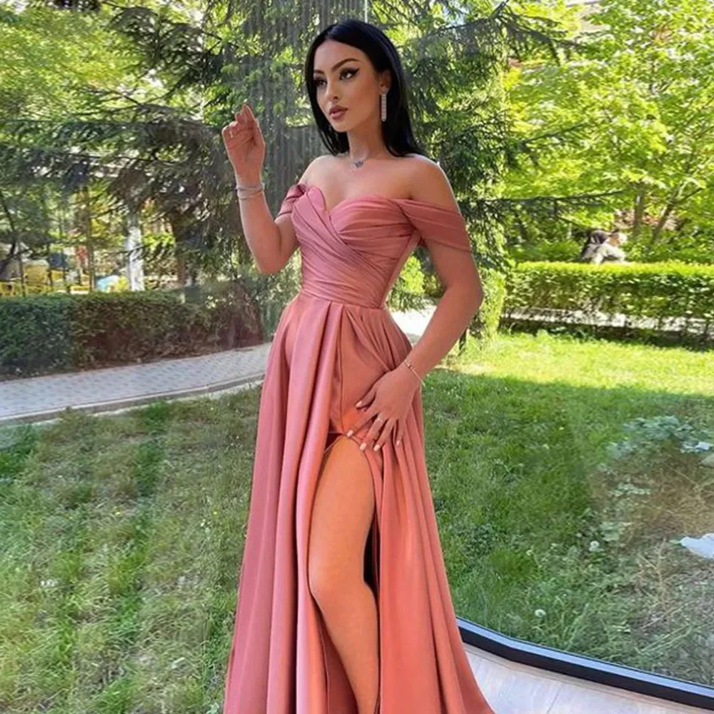 

Lily Pleat Stain Chic Woman Evening Dress Side Split Beach Gown Ball Gown Off the Shoulder Night Dresses Gown robes de soirée