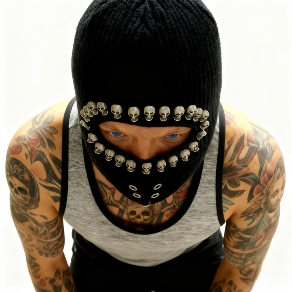 New Autumn and Winter Style Hats for Men and Women with Unique Designs, Metal Skull Decoration, Hip-Hop, Biker Style, Performance Nightclub, Knitted Hooded Mask Hat