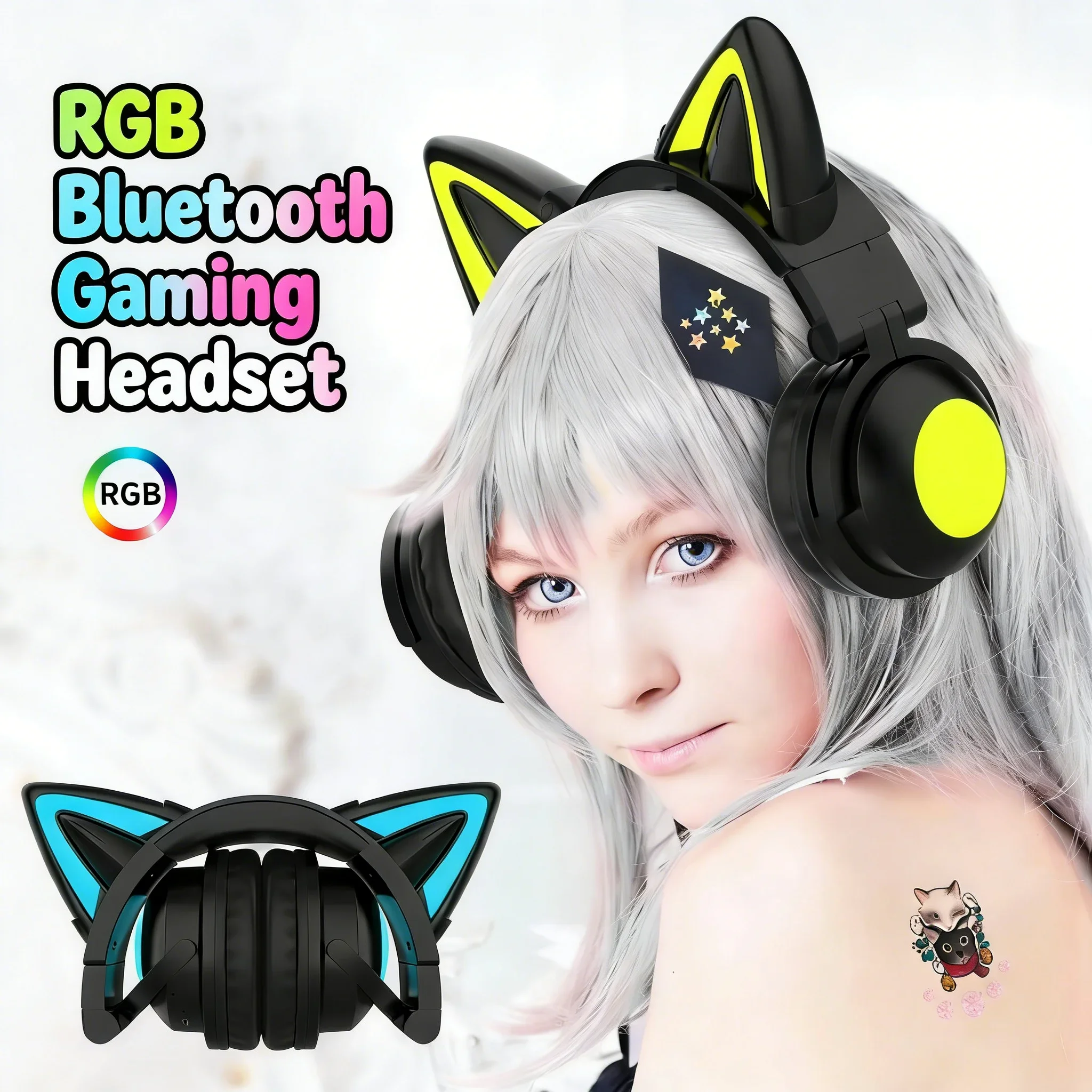 

Cute Cat Ears Over-ear Gaming Headset RGB Glowing With AUX Cable Wireless Bluetooth Foldable Portable Headphones For Girls