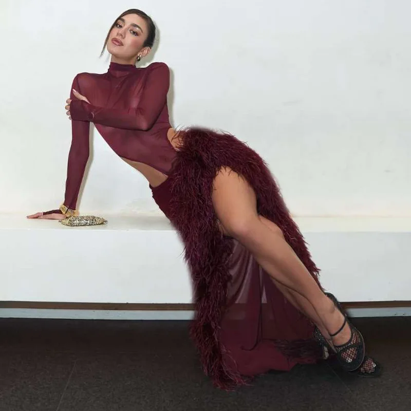 Women's Clothing Sexy Chic See Through 2-Piece Set High Collar Bodysuit+Furry Patchwork Split Skirt Suit Midnight Party Clubwear