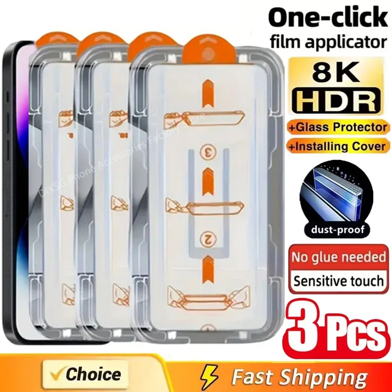 Protector de pantalla de fácil instalación sin polvo con revestimiento oleofóbico de 3 uds para iPhone 14 11 13 12 15 16 Pro Max Mini XS X XR Glass
