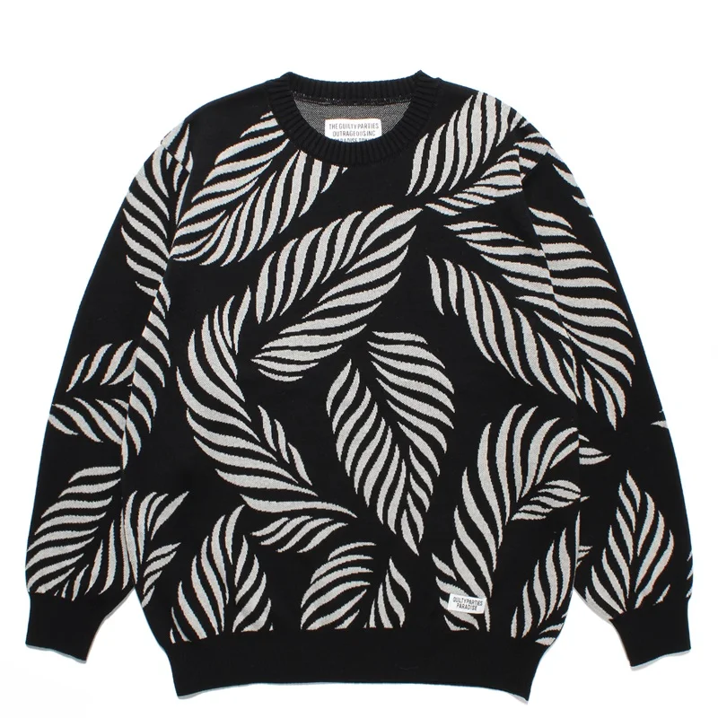 WACKO MARIA Hooded Sweater High Street Men's Women's Winter Leaves Full Print Cotton Casual Round Neck Knitted Sweater