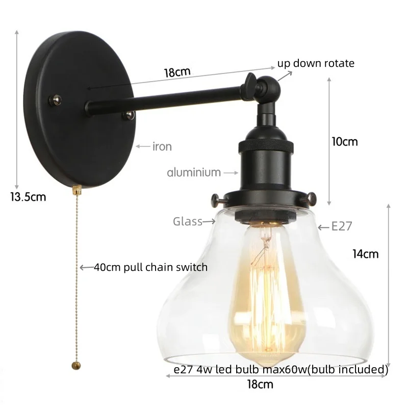 IWHD Black Industrial Iron LED Wall Lights Bedroom Dining Room Coffee Loft Vintage Pull Chain Switch Bathroom Lamp Aplique Pared