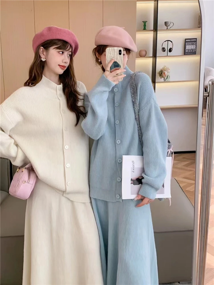 Colorfaith WS6611JX 2024 Oversized Knitted Sets 2 Pieces Korean Fashion Cardigans With Long Skirts Spring Autumn Women Suits