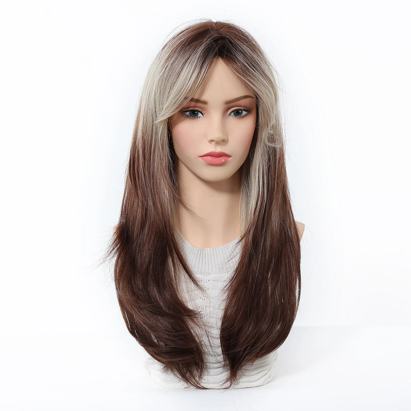 ロングストレートグレーブラウンオンブレ合成ウィッグ、前髪付き、女性用コスプレロリータパーティーレイヤードウィッグ、自然な見た目、耐熱性