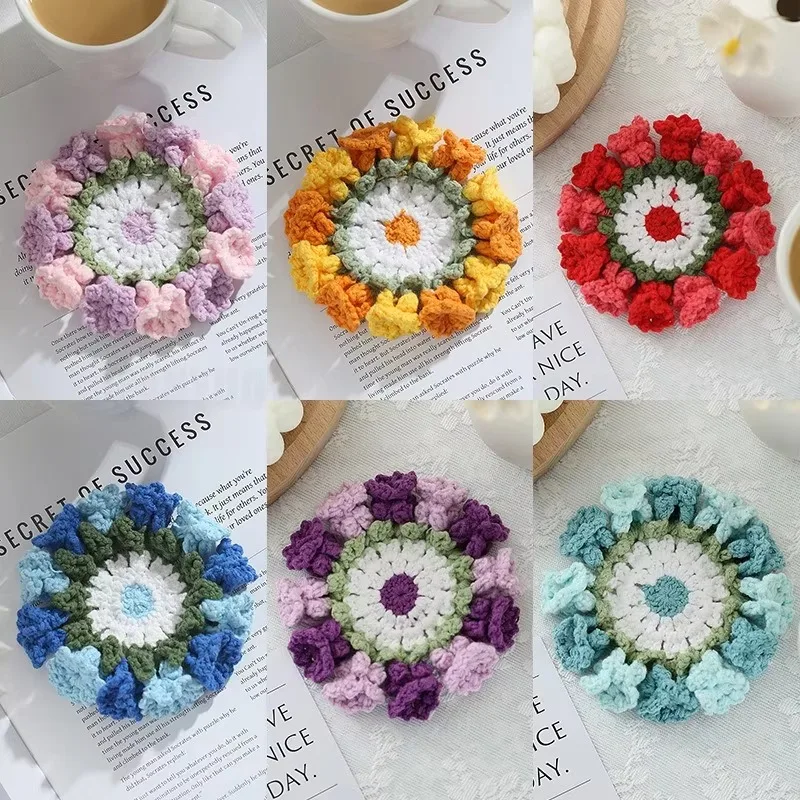 Rose Shape Crochet Flower Basket Kintting Flower Coaster Handwoven Coffee Cup Mat Table Decor Friends Party Gifts Home Decor