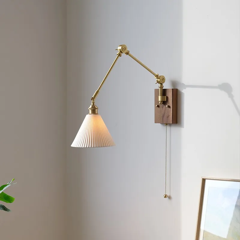 

Medieval bedroom bedside wall lamp light French retro wabi sabi wind all copper solid wood rocker arm retractable living room