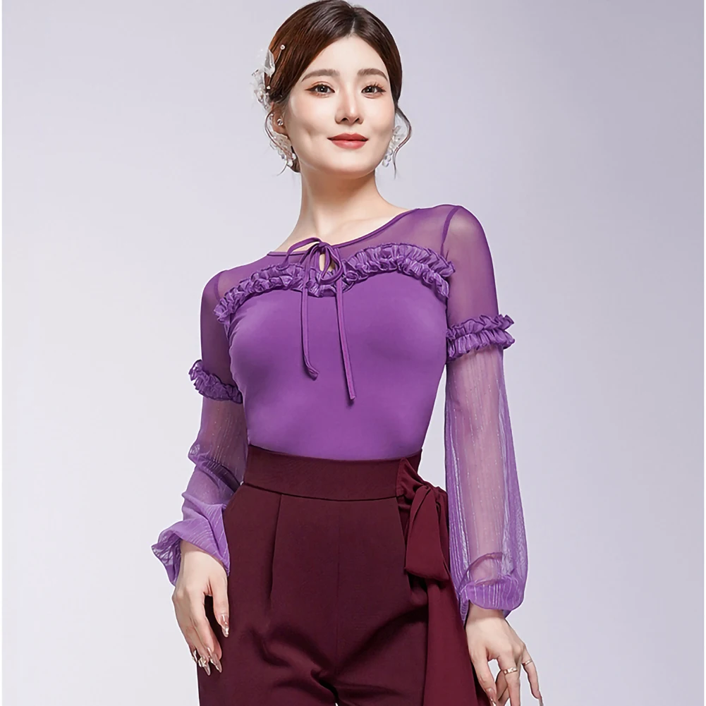 Haut de danse de salon pour femmes, valse, rétro, noir, violet, col rond, Performance d'entraînement, haut de danse moderne pour femmes, nouvelle collection