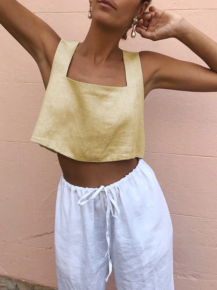 Antibacterial 100 Pure Lin Strap Vest Women's Short Style Belly Baring Square Collar Casual Summer Fashion Linen Crop Top
