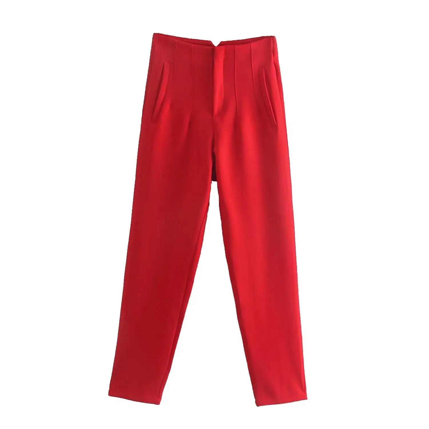 Straight Leg Pants High Waist Full Length Vintage Trousers for Women - Red
